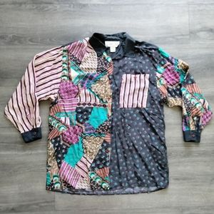 Vintage Louise Paris Colorful Button Down Silk Shirt Woman's Size L Long Sleeve